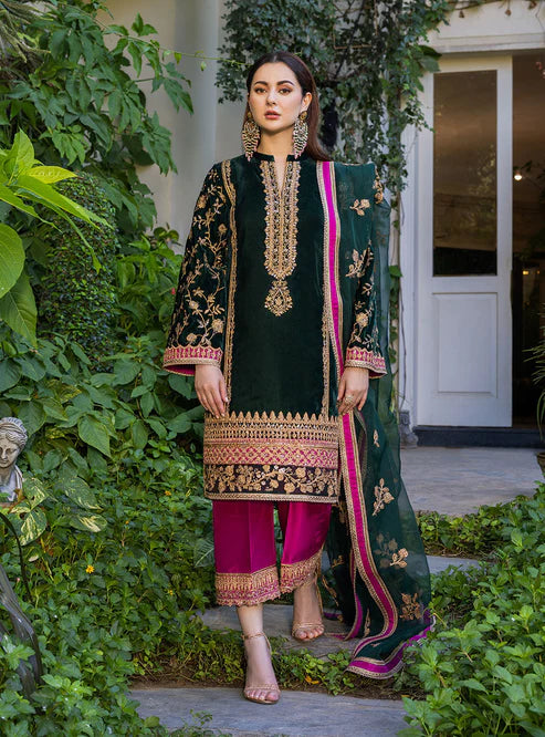 Heavy Embroidered Velvet 3-Piece Suit - Unstitched