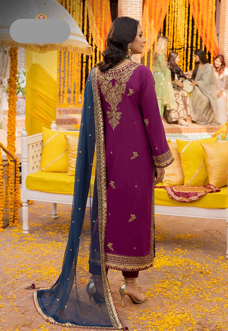 3 Piece Chiffon Embroidered Suit with Malai Trouser - Unstitched