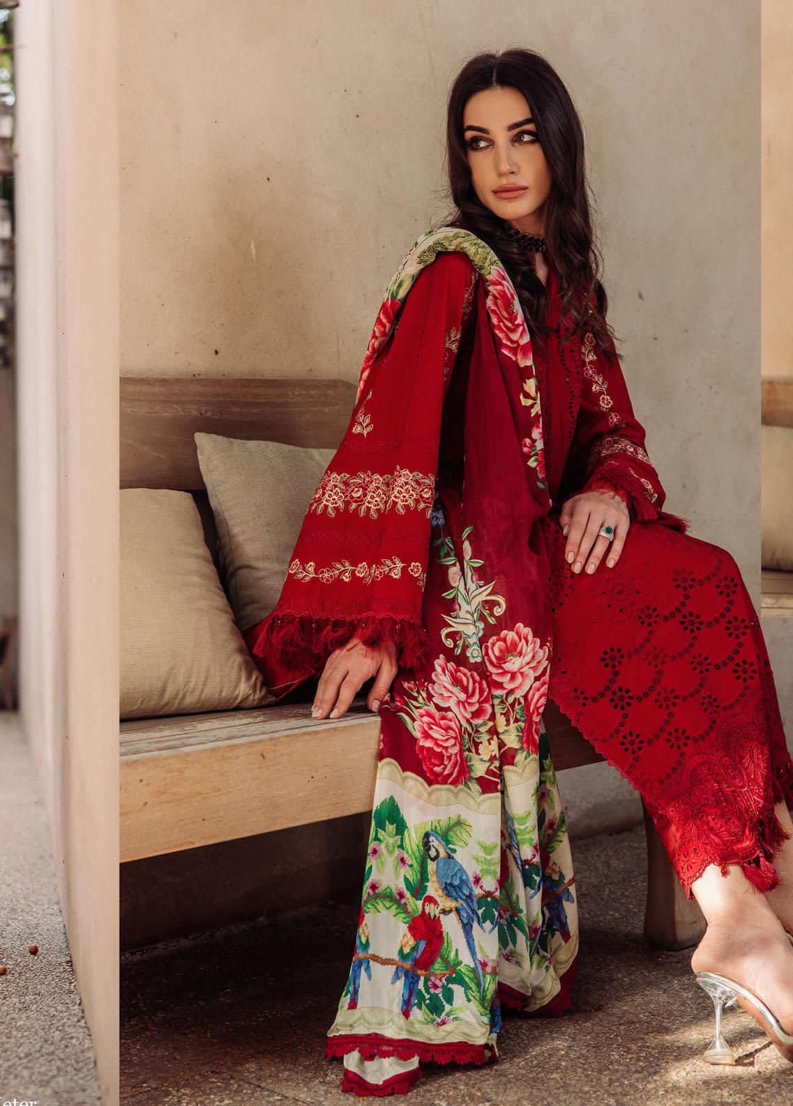 3 Pcs Unstitched Embroidered Lawn Suit With Silk Dupatta