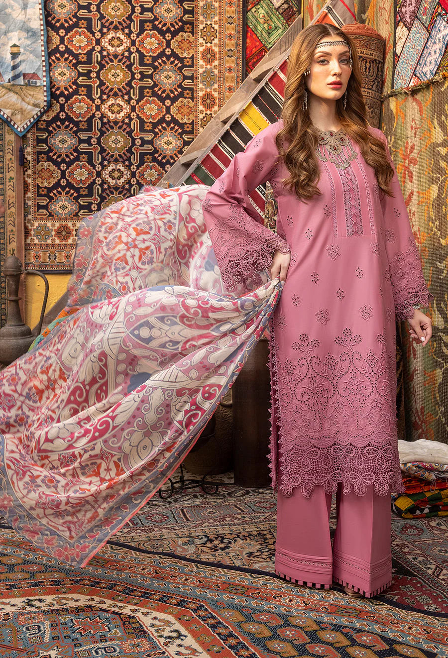 3 Piece Heavy Embroidered Lawn Suit with Chikankari Work & Digital Printed Silk Dupatta - Unstitched