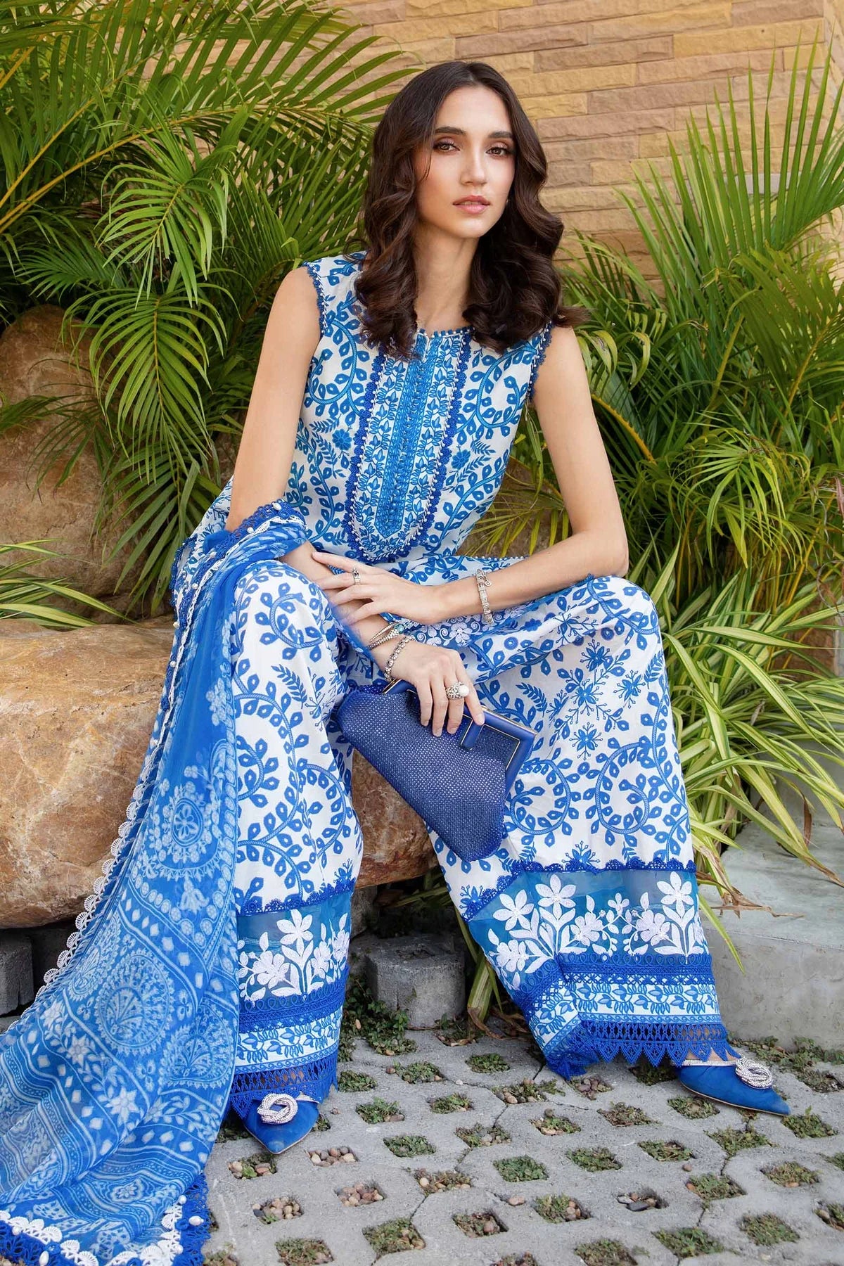 3 Piece Printed Lawn Suit with Embroidered Work & Chiffon Dupatta - Unstitched