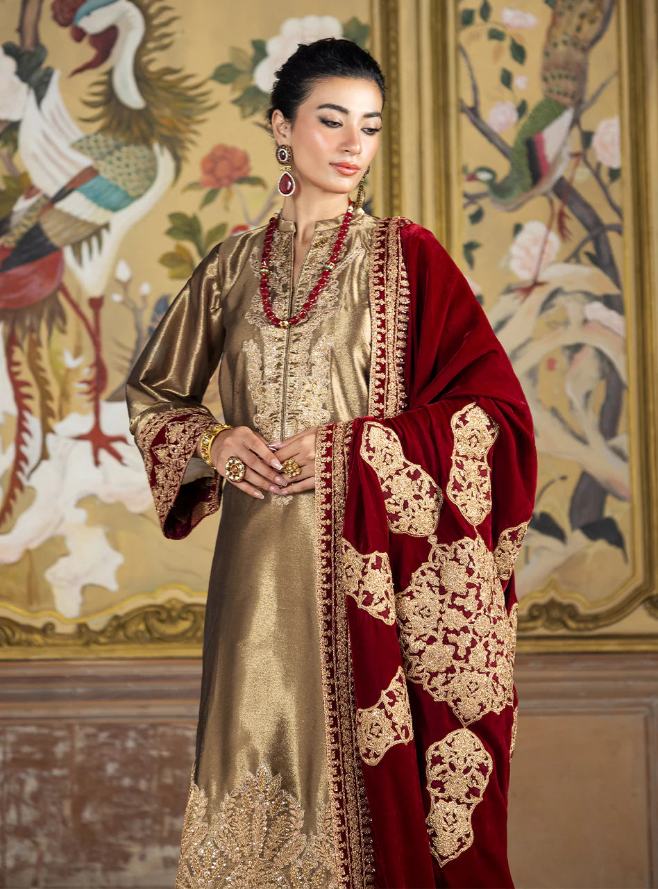 Organza Heavy Embroidered 3 Pc Luxury Suit with Velvet Work & Shawl - Unstitched