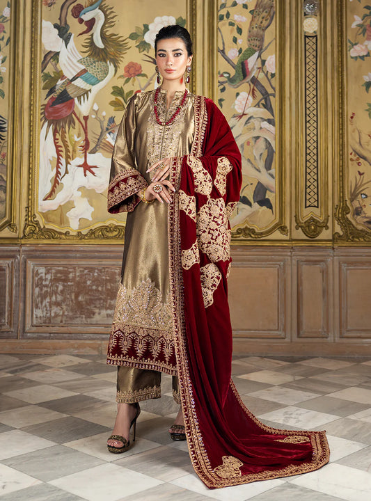 Organza Heavy Embroidered 3 Pc Luxury Suit with Velvet Work & Shawl - Unstitched