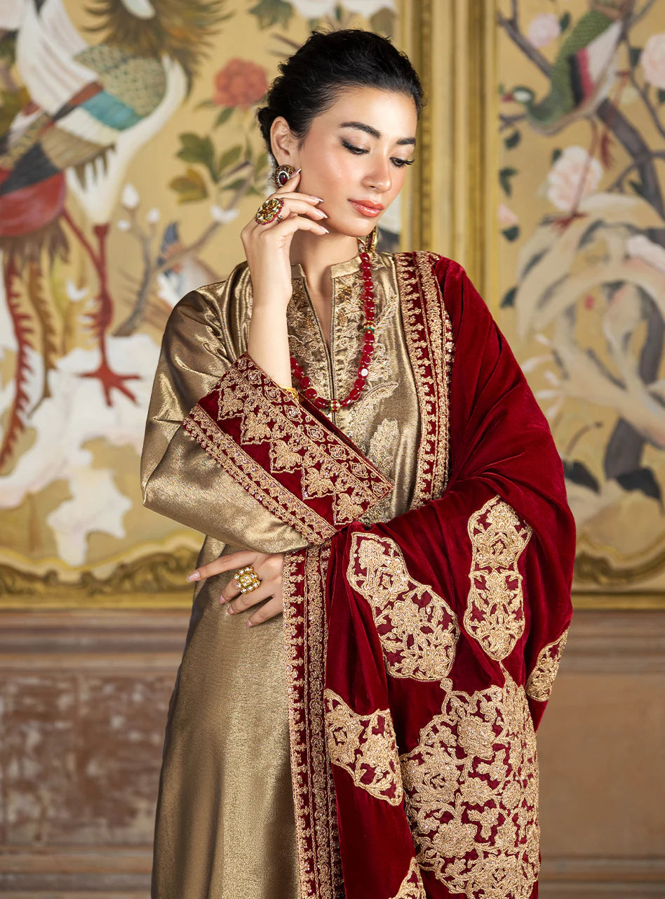 Organza Heavy Embroidered 3 Pc Luxury Suit with Velvet Work & Shawl - Unstitched