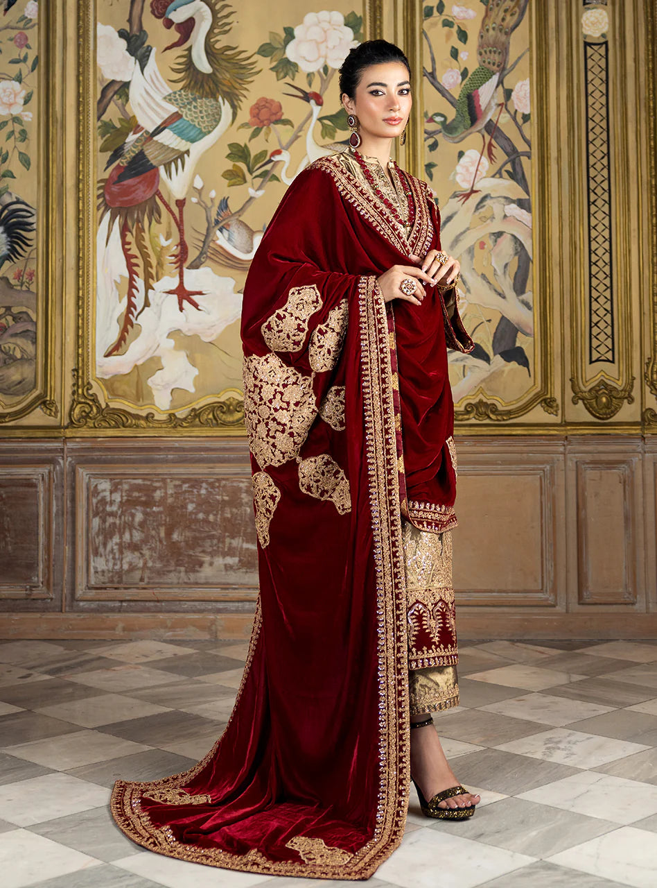 Organza Heavy Embroidered 3 Pc Luxury Suit with Velvet Work & Shawl - Unstitched