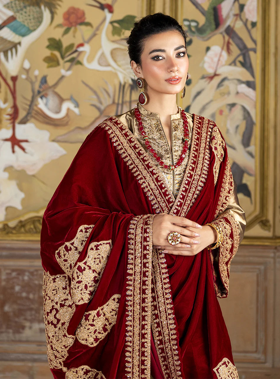 Organza Heavy Embroidered 3 Pc Luxury Suit with Velvet Work & Shawl - Unstitched