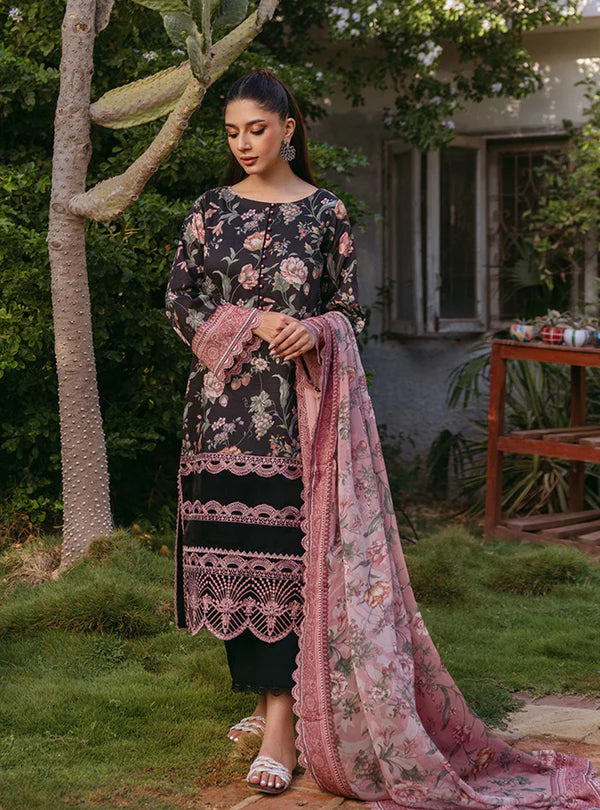 3 Pc Printed Lawn Suit with Embroidered Daman & Sleeves Border with Chiffon Dupatta - Unstitched