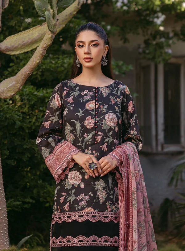 3 Pc Printed Lawn Suit with Embroidered Daman & Sleeves Border with Chiffon Dupatta - Unstitched