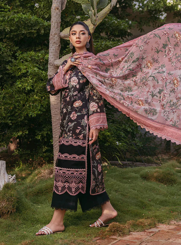 3 Pc Printed Lawn Suit with Embroidered Daman & Sleeves Border with Chiffon Dupatta - Unstitched