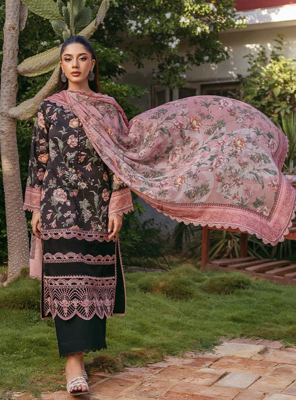 3 Pc Printed Lawn Suit with Embroidered Daman & Sleeves Border with Chiffon Dupatta - Unstitched