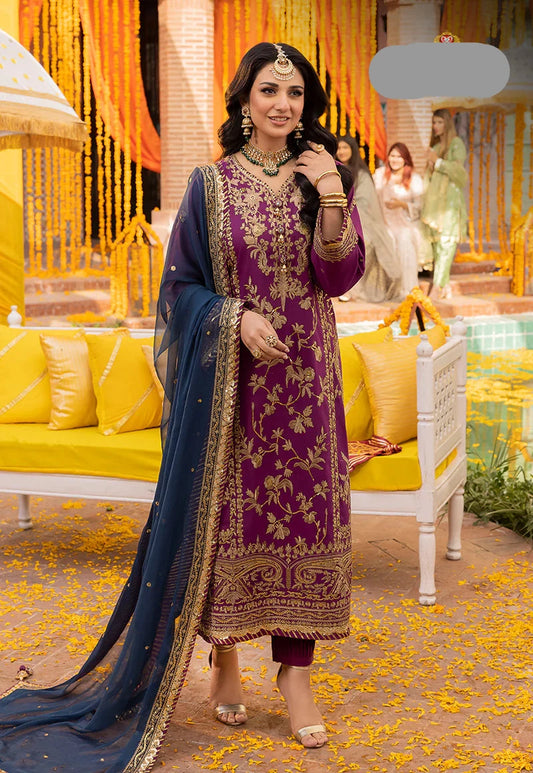 3 Piece Chiffon Embroidered Suit with Malai Trouser - Unstitched