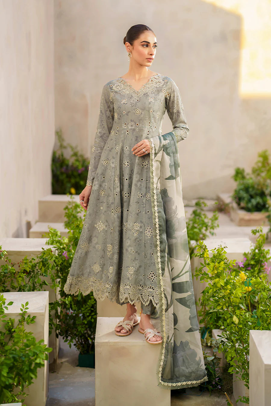 3 Piece Embroidered Chikankari Printed Lawn Suit with Chiffon Dupatta - Unstitched