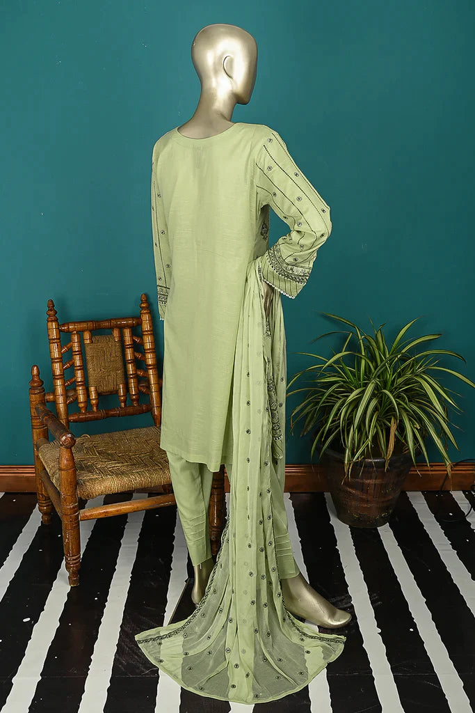 3Pc Embroidered & Printed Cotton Fabric Dress With Embroidered Chiffon Dupatta - Unstitched