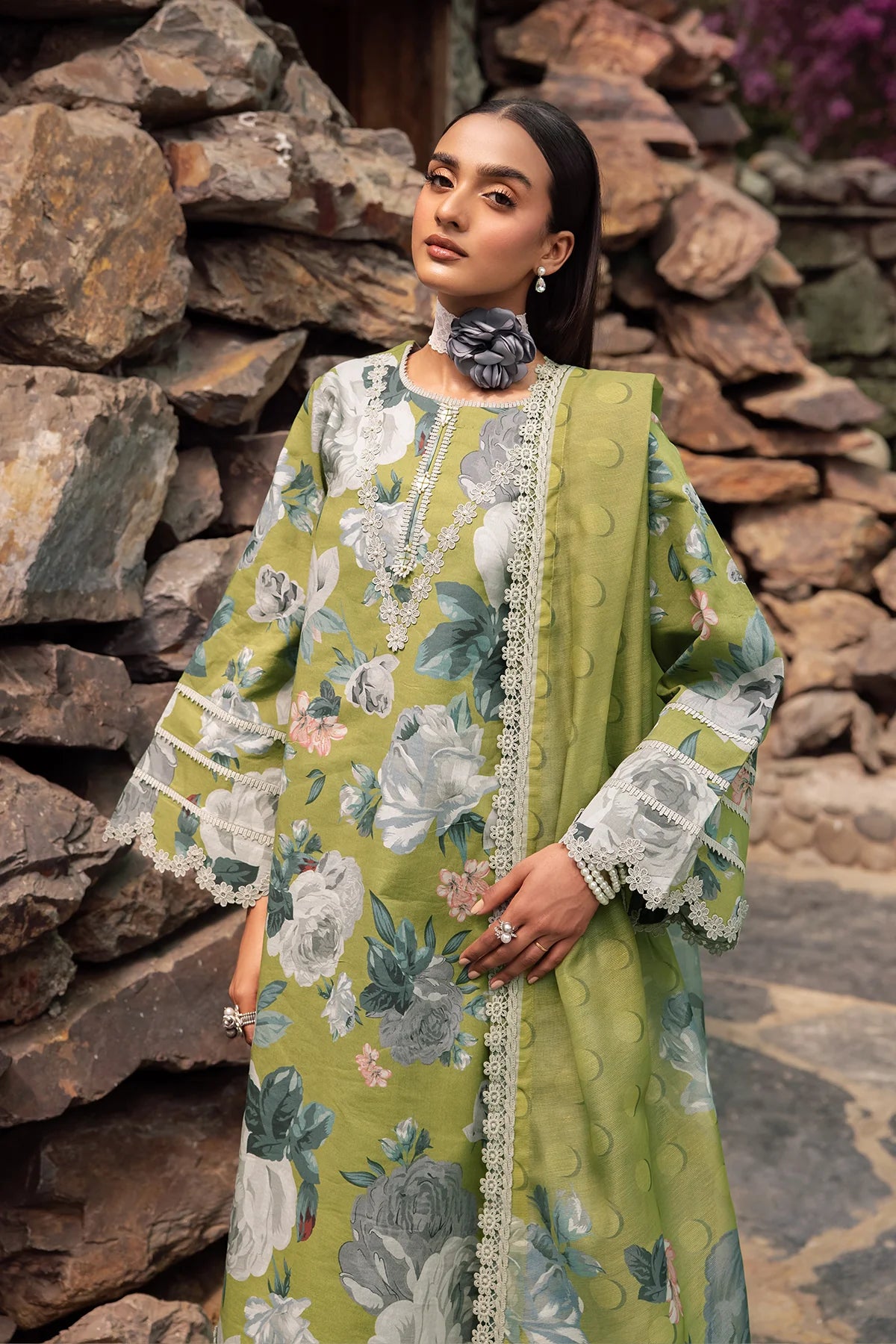 3 Piece Digital Printed Embroidered Swiss Lawn Suit with SIlk Dupatta - Unstitched