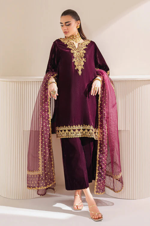 Maroon Velvet Fully Heavy Embroidered Spengle Work Suit 3 Pc - Unstitched