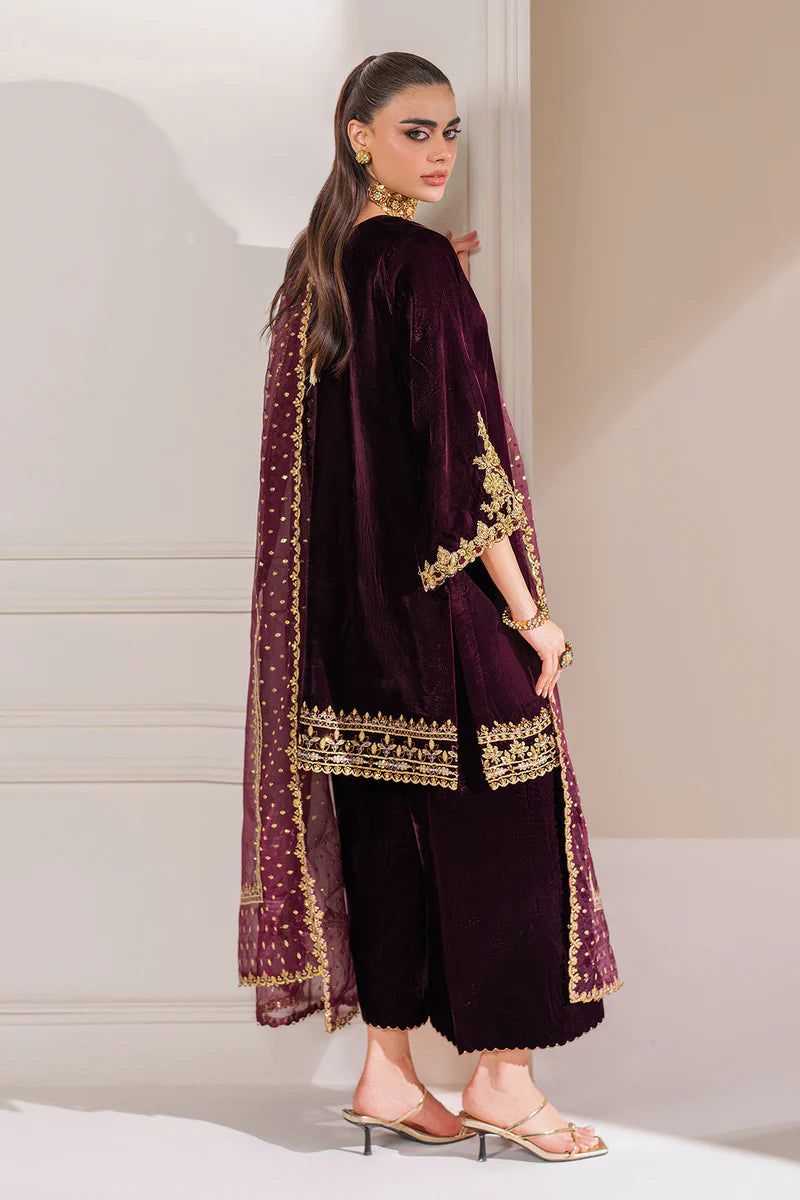 Maroon Velvet Fully Heavy Embroidered Spengle Work Suit 3 Pc - Unstitched