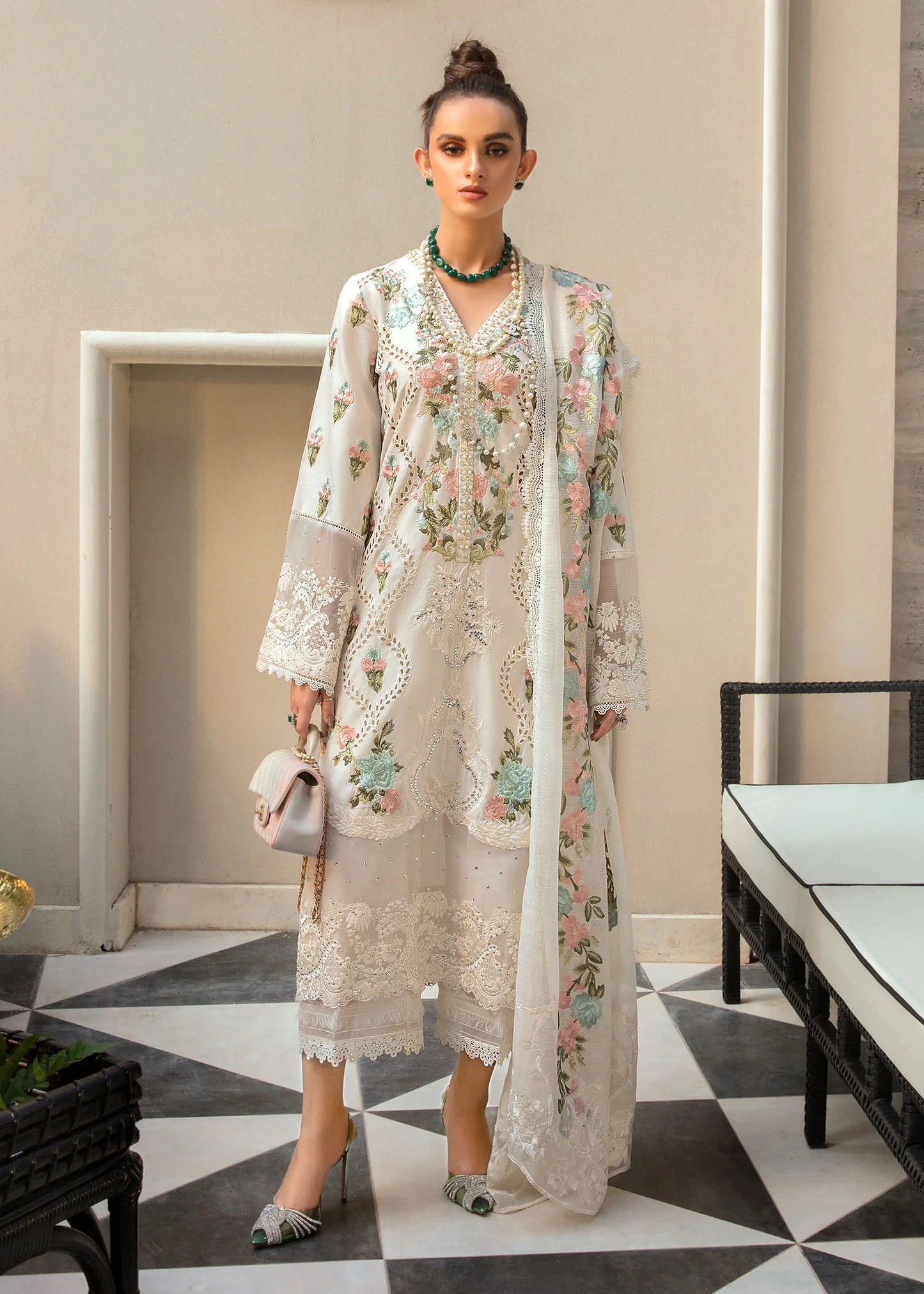 3 Pc Chikankari Embroidered Suit with Khaddi Net Dupatta - Unstitched