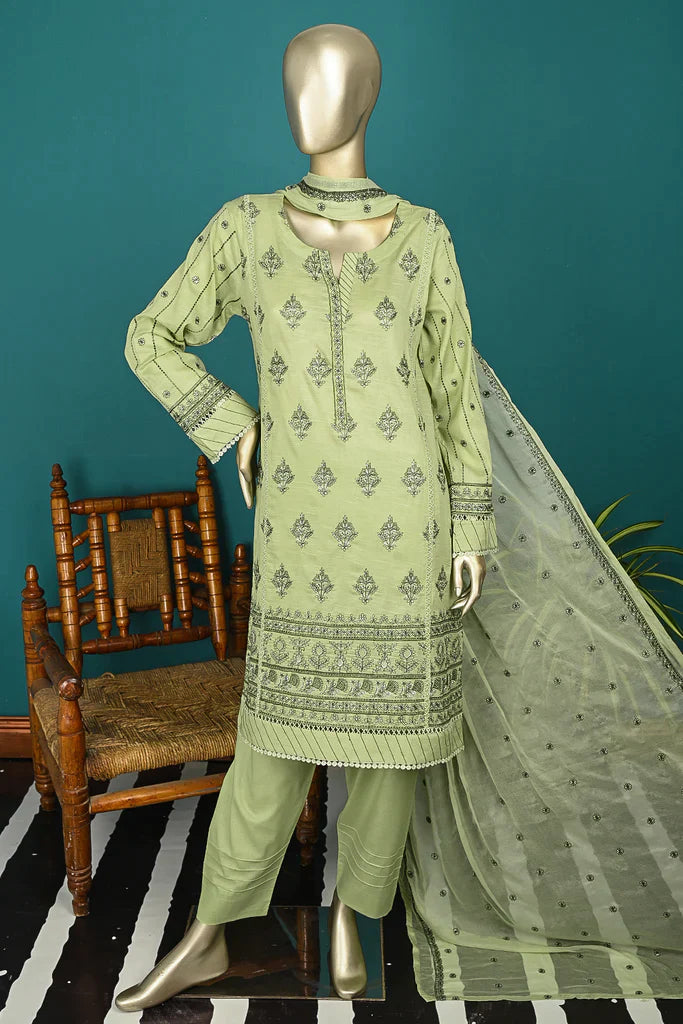 3Pc Embroidered & Printed Cotton Fabric Dress With Embroidered Chiffon Dupatta - Unstitched