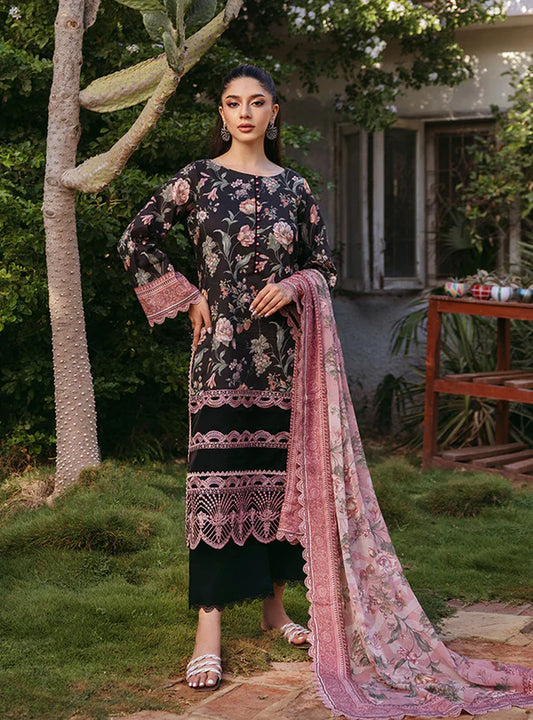 3 Pc Printed Lawn Suit with Embroidered Daman & Sleeves Border with Chiffon Dupatta - Unstitched