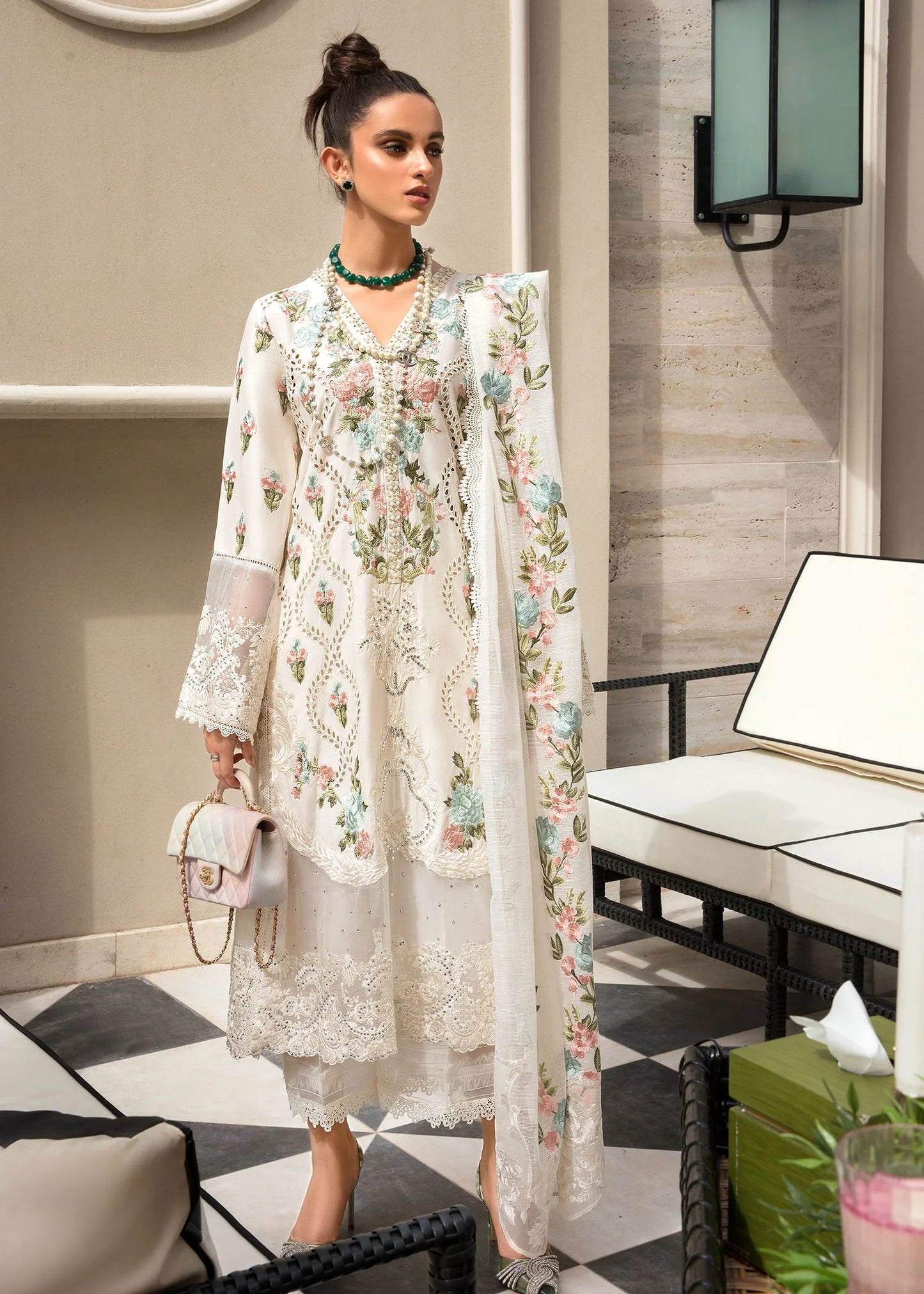 3 Pc Chikankari Embroidered Suit with Khaddi Net Dupatta - Unstitched