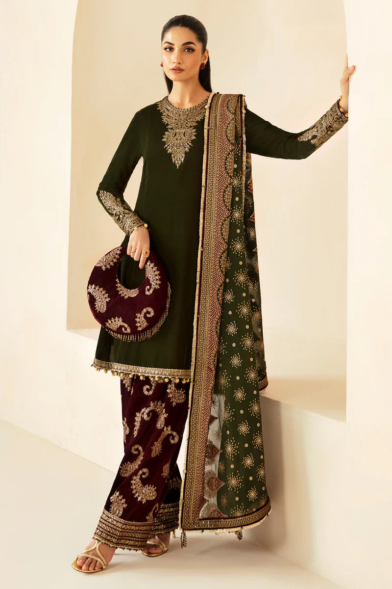 3 Piece Velvet Heavy Embroidered Suit - Unstitched