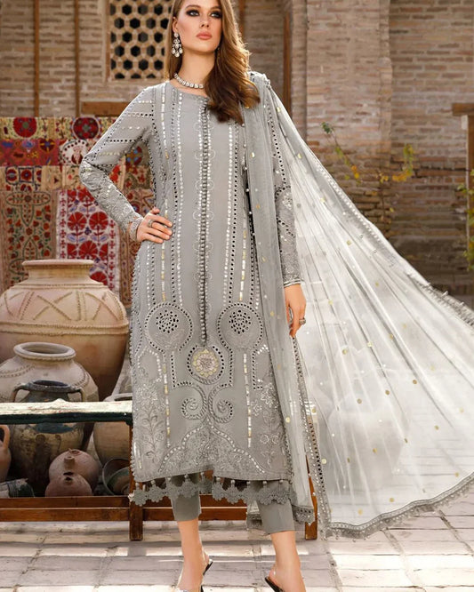 3 Piece Lawn Heavy Embroidered Schiffli & Mirror Work Suit with Net Fully Foil Dupatta - Unstitched