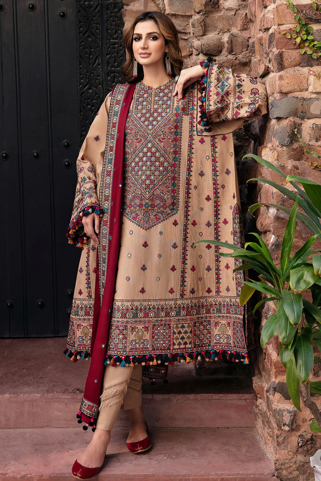 3 Piece Heavy Embroidered Cotton Suit with Thread Work & Chiffon Dupatta - Unstitched