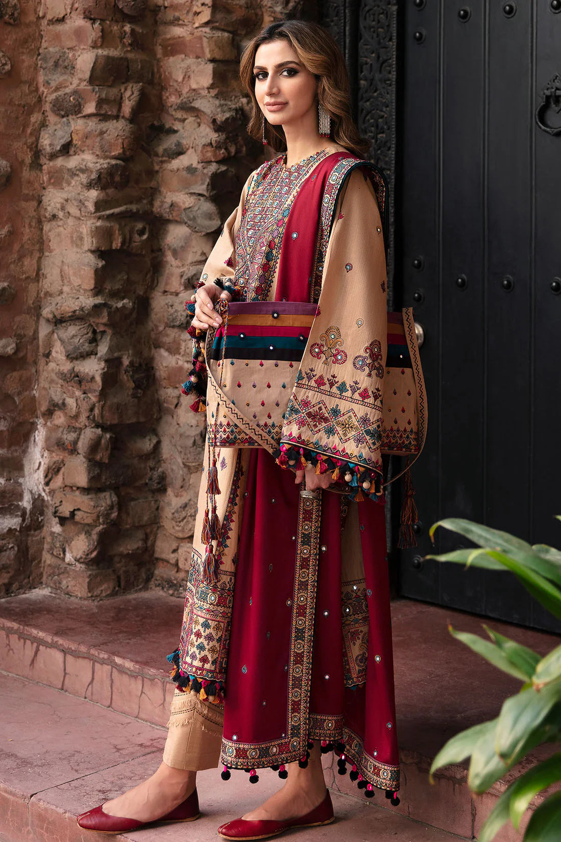 3 Piece Heavy Embroidered Cotton Suit with Thread Work & Chiffon Dupatta - Unstitched