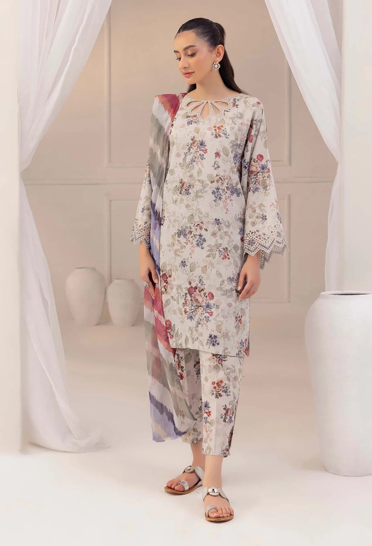 3 Pc Printed Lawn Suit with Chikankari & Emboridered Work - Unstitched