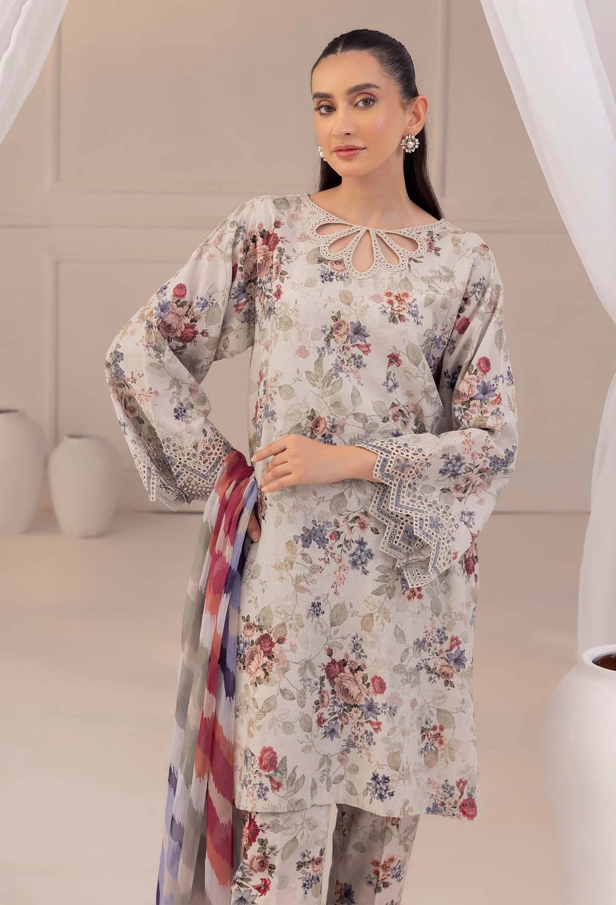 3 Pc Printed Lawn Suit with Chikankari & Emboridered Work - Unstitched