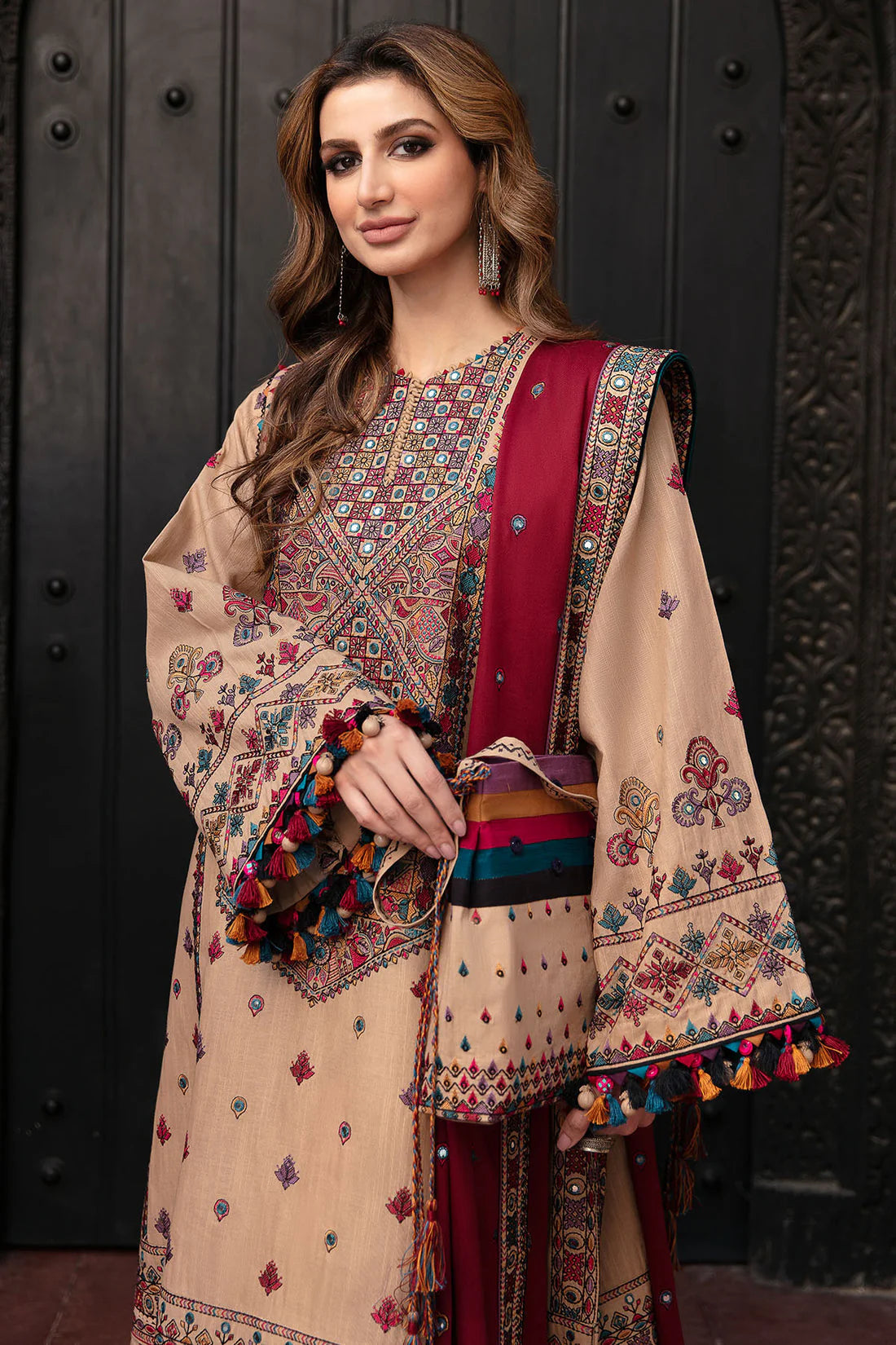 3 Piece Heavy Embroidered Cotton Suit with Thread Work & Chiffon Dupatta - Unstitched