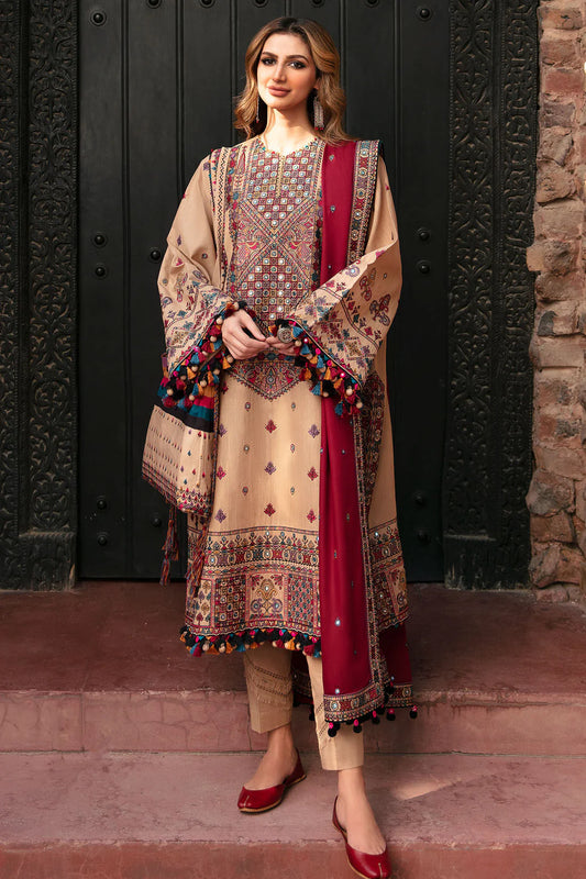 3 Piece Heavy Embroidered Cotton Suit with Thread Work & Chiffon Dupatta - Unstitched