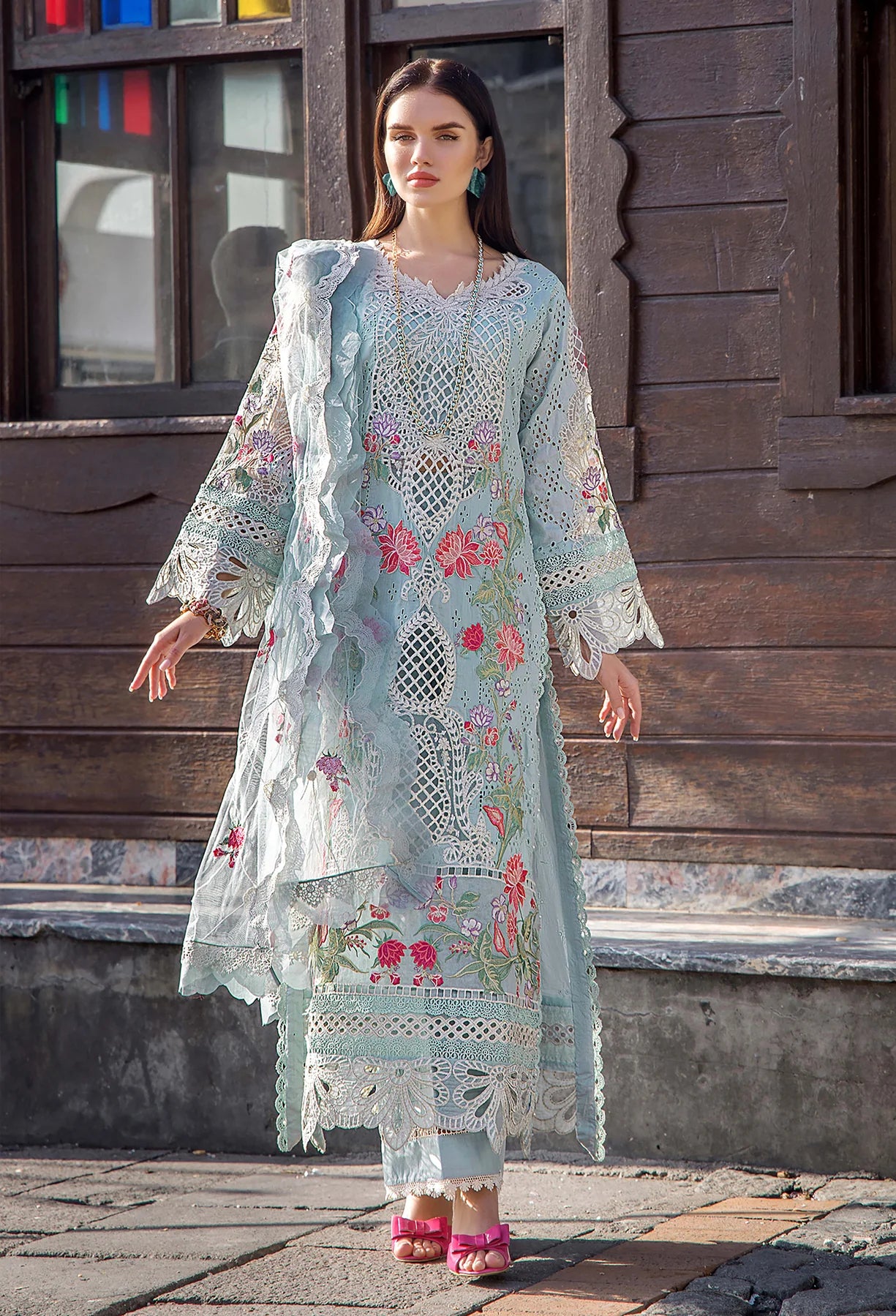 3 Pc Embroidered Lawn Cotton Suit with Chikankari Work - Unstitched