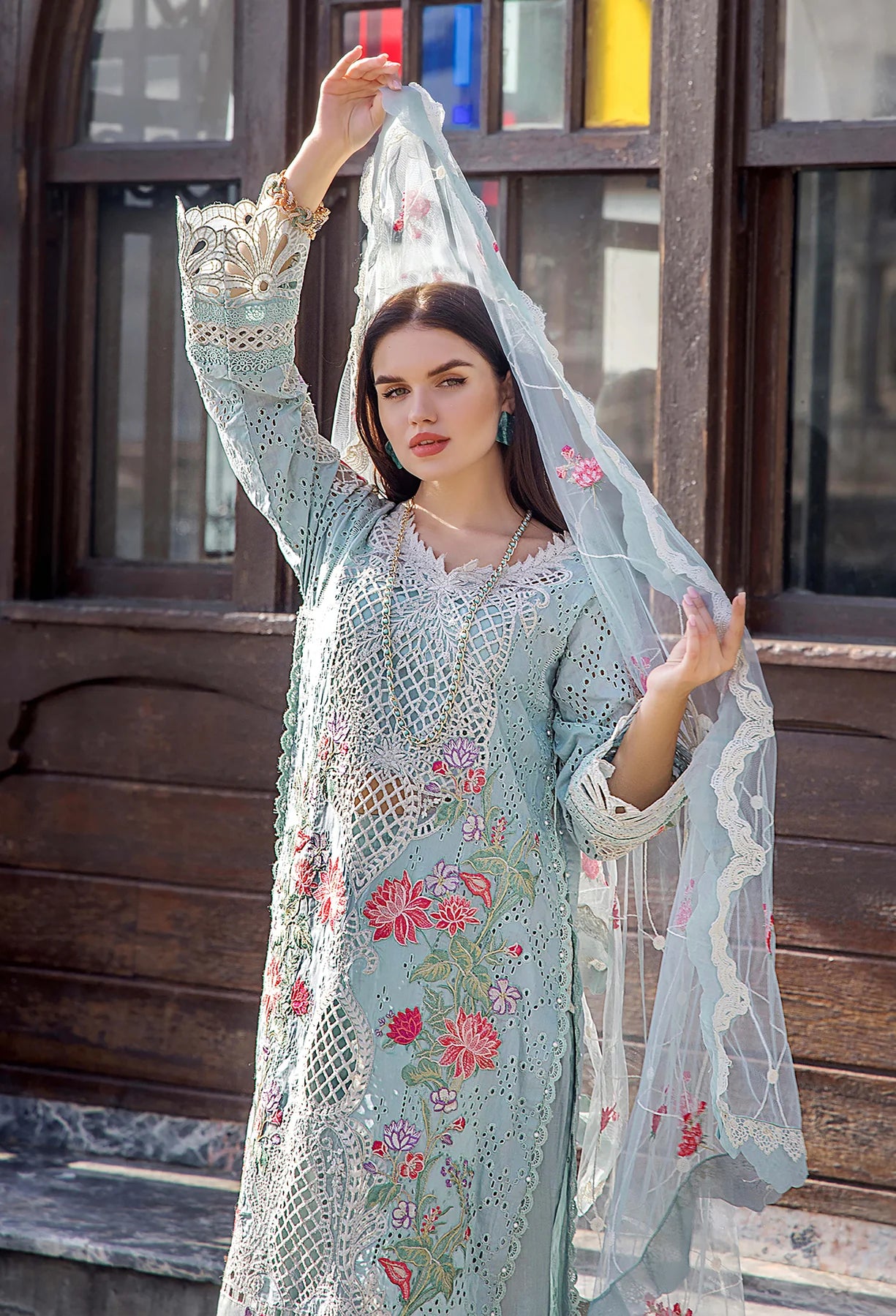 3 Pc Embroidered Lawn Cotton Suit with Chikankari Work - Unstitched