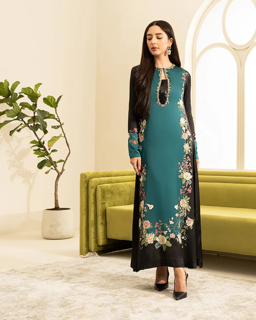 3 Pc Digital Printed Silk Suit with Embroidery Gala & Stonework - Unstitched