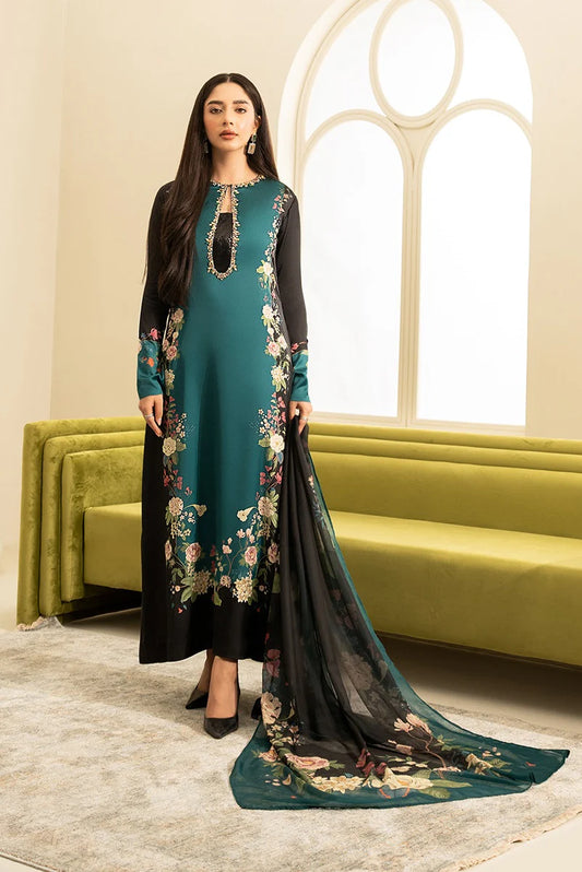 3 Pc Digital Printed Silk Suit with Embroidery Gala & Stonework - Unstitched