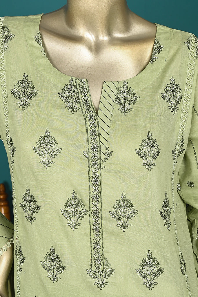 3Pc Embroidered & Printed Cotton Fabric Dress With Embroidered Chiffon Dupatta - Unstitched