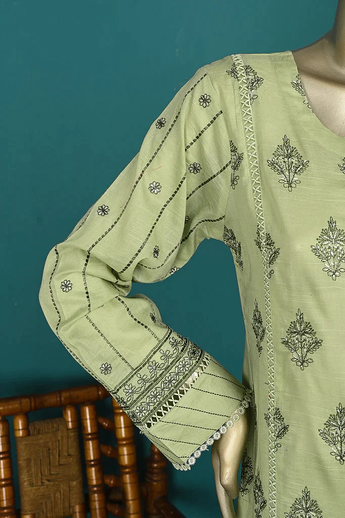 3Pc Embroidered & Printed Cotton Fabric Dress With Embroidered Chiffon Dupatta - Unstitched