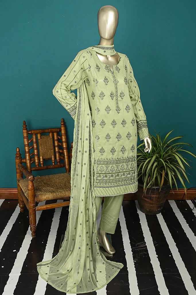 3Pc Embroidered & Printed Cotton Fabric Dress With Embroidered Chiffon Dupatta - Unstitched