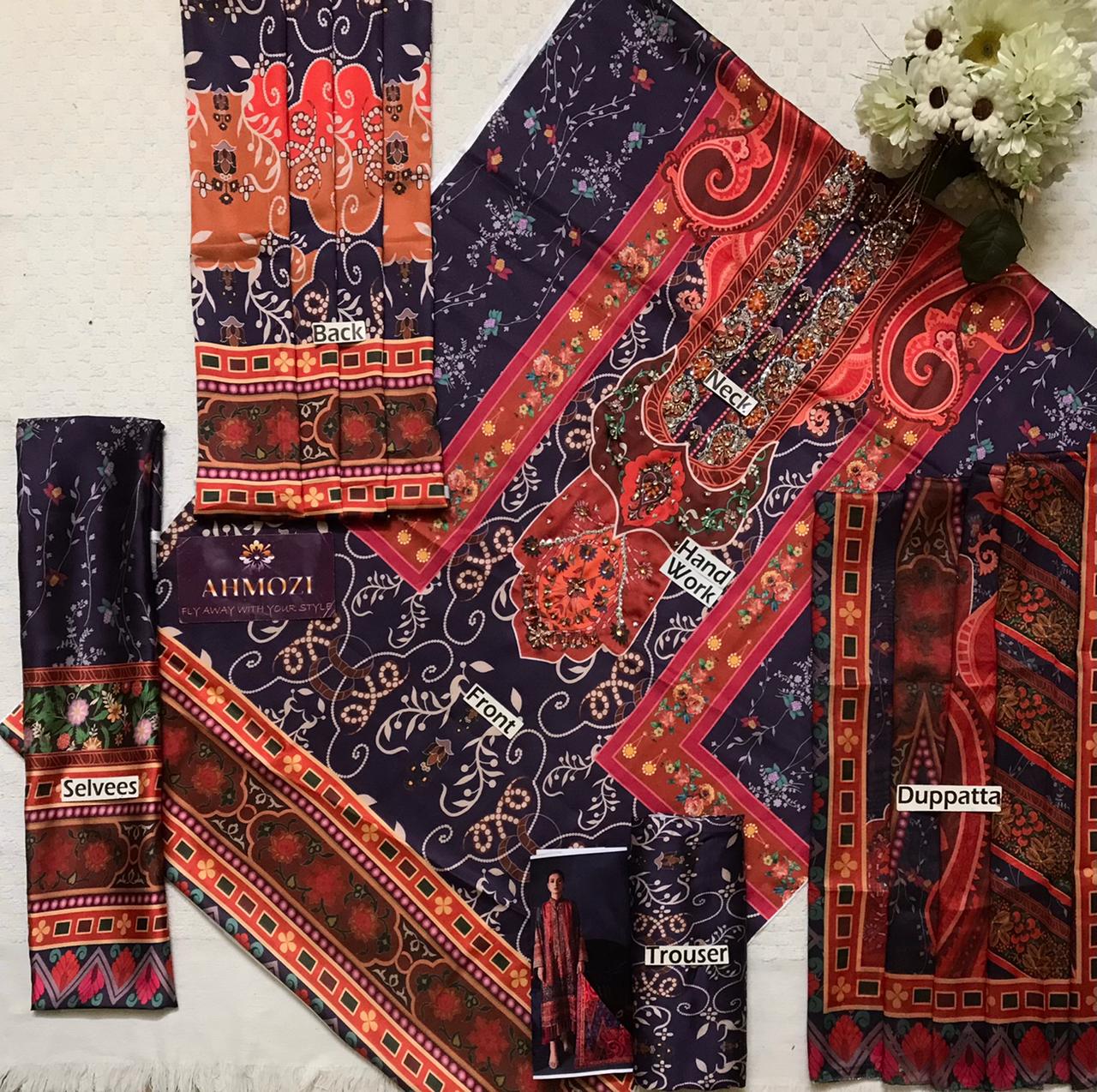 3 Piece Printed Adda Work Silk Suit - Unstitched