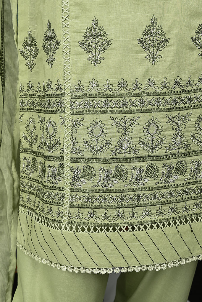 3Pc Embroidered & Printed Cotton Fabric Dress With Embroidered Chiffon Dupatta - Unstitched