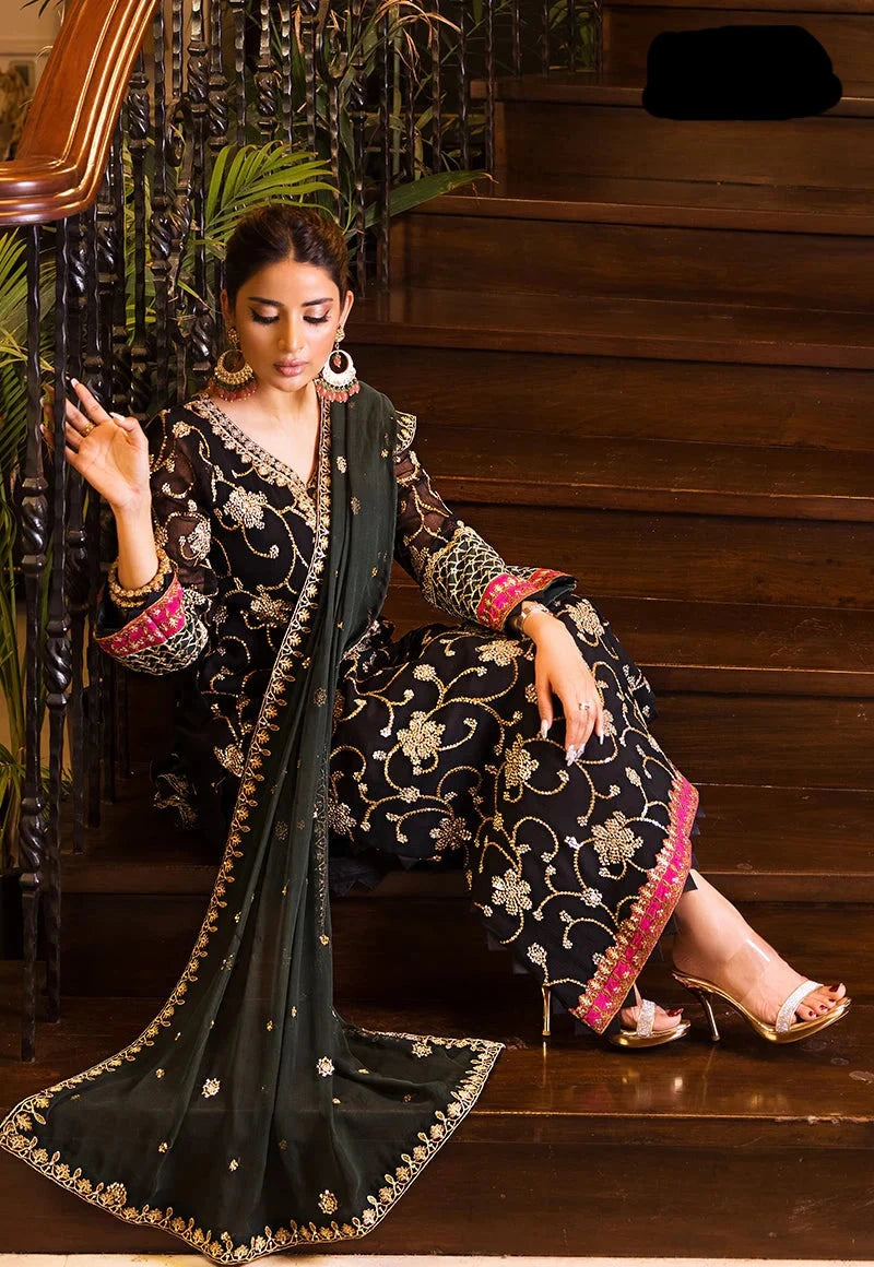 3 Piece Chiffon Heavy Embroidered Spangle Work Suit - Unstitched