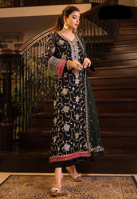 3 Piece Chiffon Heavy Embroidered Spangle Work Suit - Unstitched