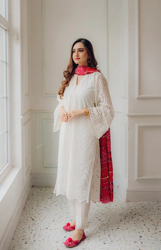 Embroidered Cotton Suit With Chunri Dupptta - Unstitched