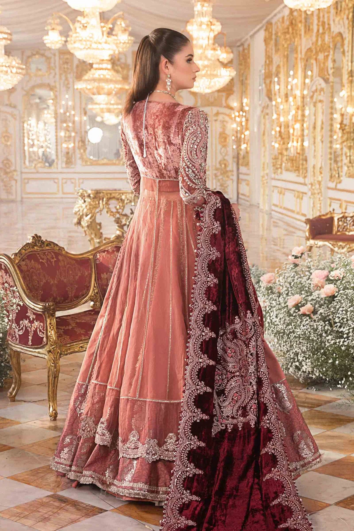 3 Piece Salmon Pink Organza-Jamawar Embroidered Ensemble Hand Embellished with Intricate Applique Work - Unstitched