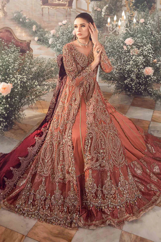 3 Piece Salmon Pink Organza-Jamawar Embroidered Ensemble Hand Embellished with Intricate Applique Work - Unstitched