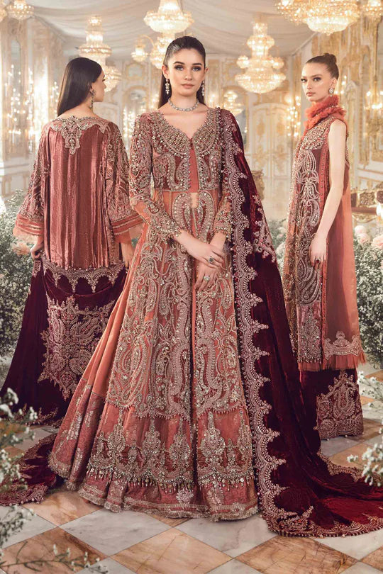 3 Piece Salmon Pink Organza-Jamawar Embroidered Ensemble Hand Embellished with Intricate Applique Work - Unstitched