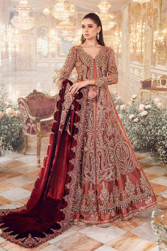 3 Piece Salmon Pink Organza-Jamawar Embroidered Ensemble Hand Embellished with Intricate Applique Work - Unstitched