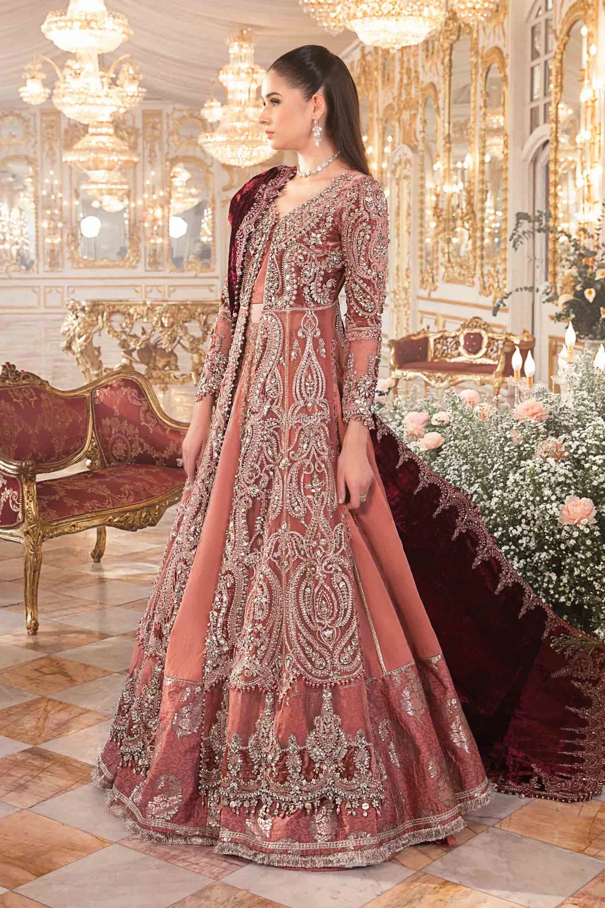 3 Piece Salmon Pink Organza-Jamawar Embroidered Ensemble Hand Embellished with Intricate Applique Work - Unstitched