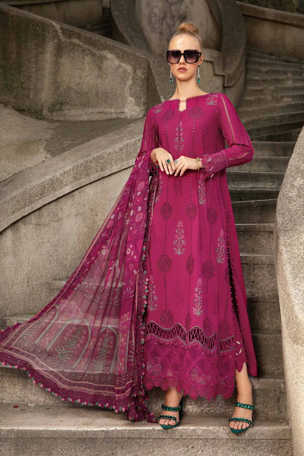 3 Piece Embroidered Chikankari Cambric Suit with Silk Dupatta - Unstitched